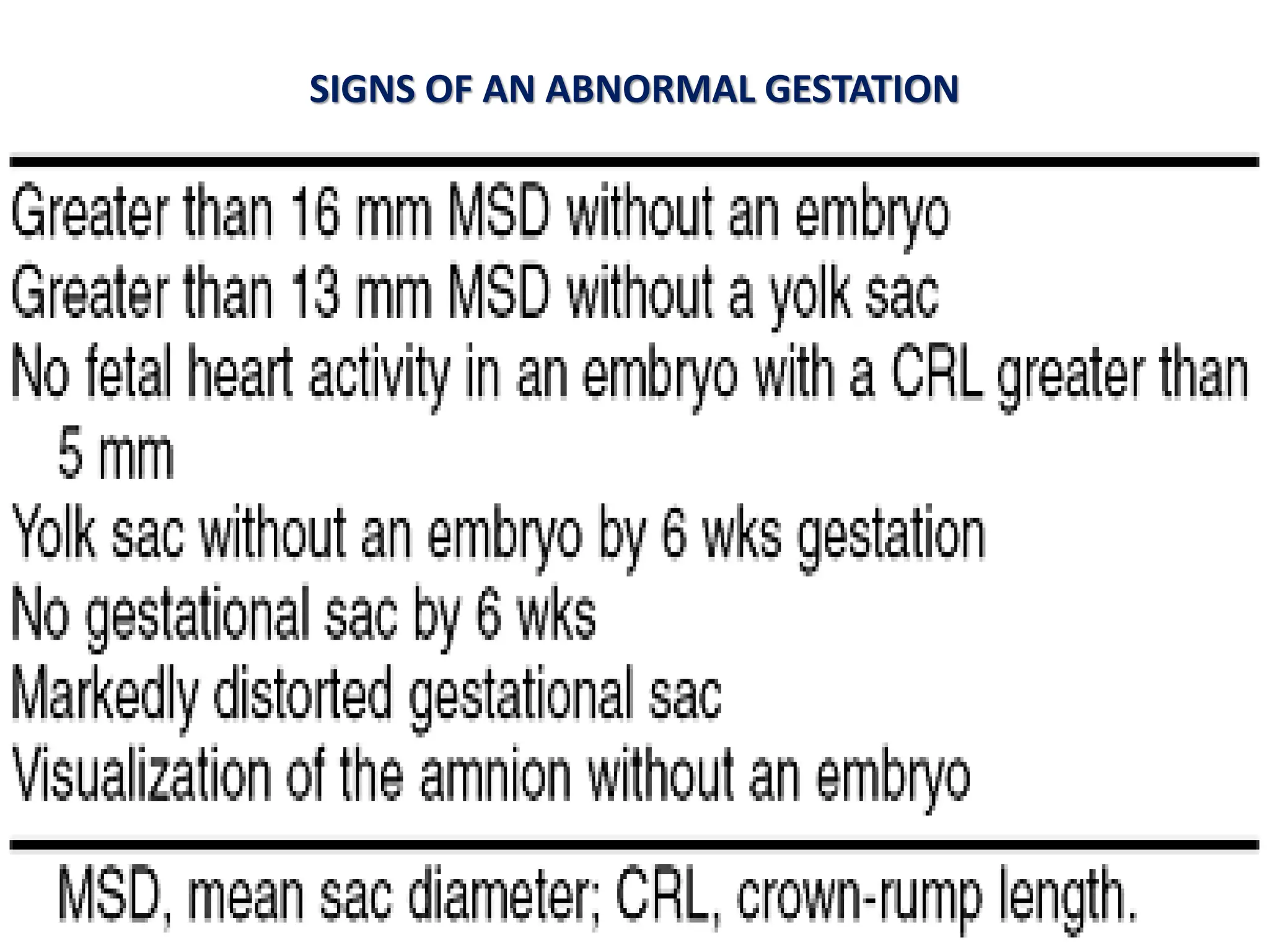 SIGNS OF AN ABNORMAL GESTATION
 