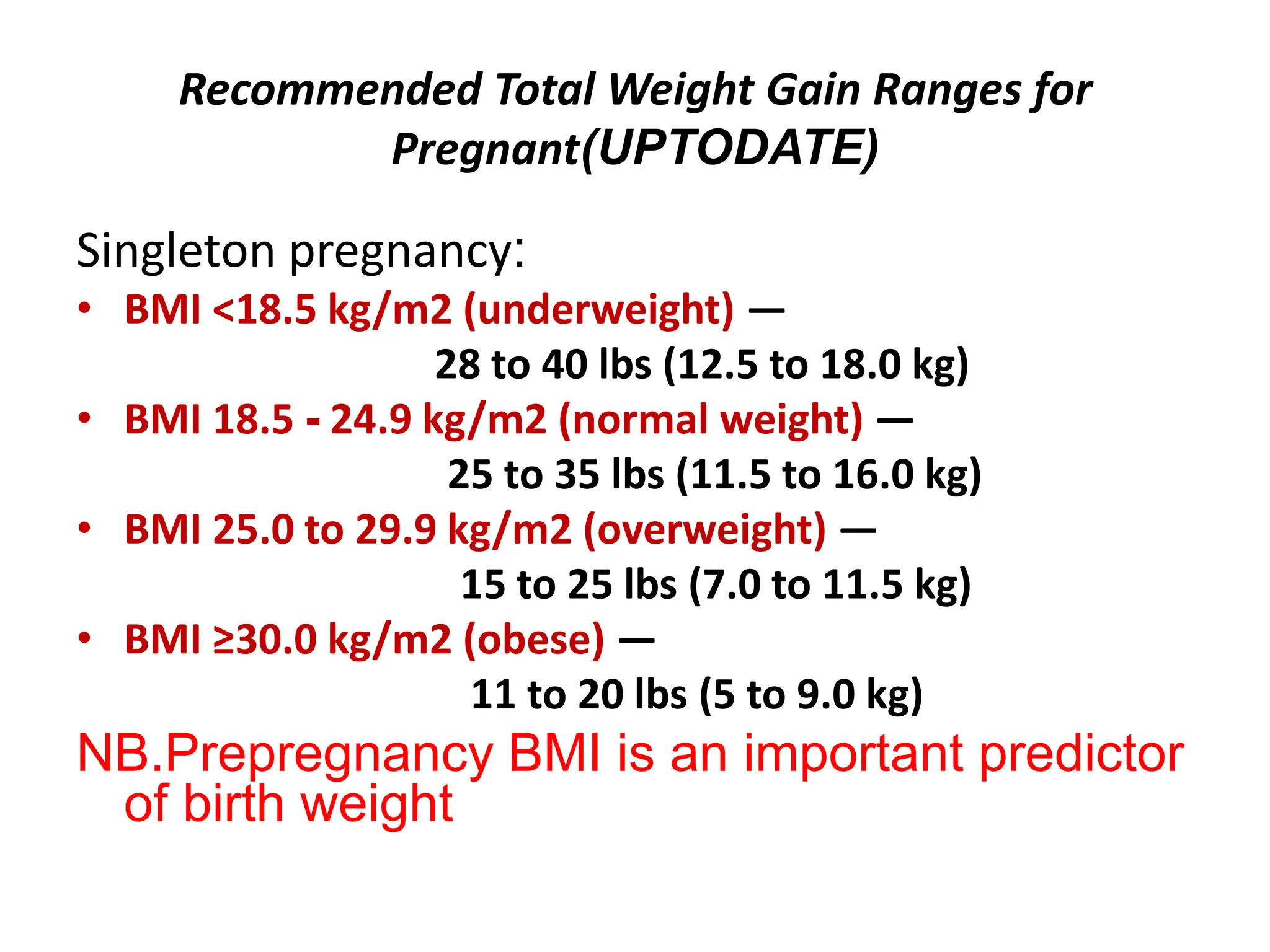 Recommended Total Weight Gain Ranges for
Pregnant(UPTODATE)
Singleton pregnancy:
• BMI <18.5 kg/m2 (underweight) —
28 to 40 lbs (12.5 to 18.0 kg)
• BMI 18.5 - 24.9 kg/m2 (normal weight) —
25 to 35 lbs (11.5 to 16.0 kg)
• BMI 25.0 to 29.9 kg/m2 (overweight) —
15 to 25 lbs (7.0 to 11.5 kg)
• BMI ≥30.0 kg/m2 (obese) —
11 to 20 lbs (5 to 9.0 kg)
NB.Prepregnancy BMI is an important predictor
of birth weight
 