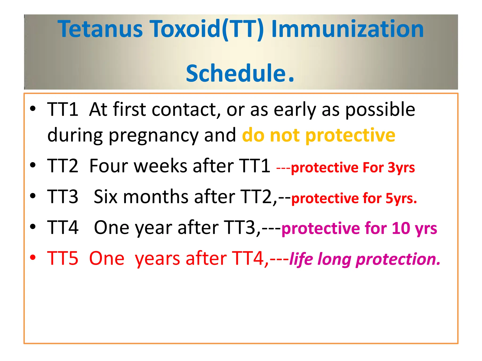 Tetanus Toxoid(TT) Immunization
Schedule.
• TT1 At first contact, or as early as possible
during pregnancy and do not protective
• TT2 Four weeks after TT1 ---protective For 3yrs
• TT3 Six months after TT2,--protective for 5yrs.
• TT4 One year after TT3,---protective for 10 yrs
• TT5 One years after TT4,---life long protection.
 