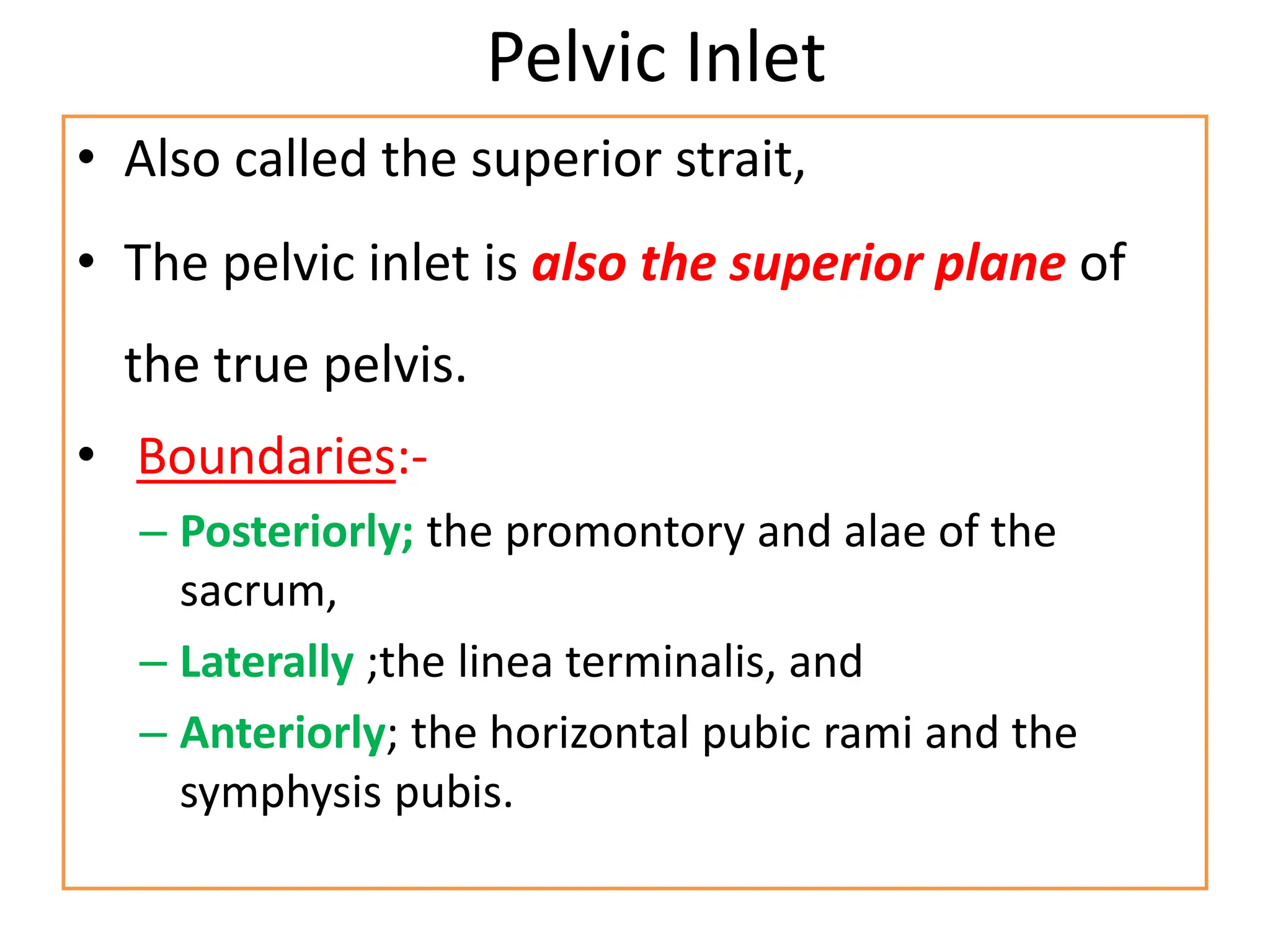 Pelvic Inlet
• Also called the superior strait,
• The pelvic inlet is also the superior plane of
the true pelvis.
• Boundaries:-
– Posteriorly; the promontory and alae of the
sacrum,
– Laterally ;the linea terminalis, and
– Anteriorly; the horizontal pubic rami and the
symphysis pubis.
 