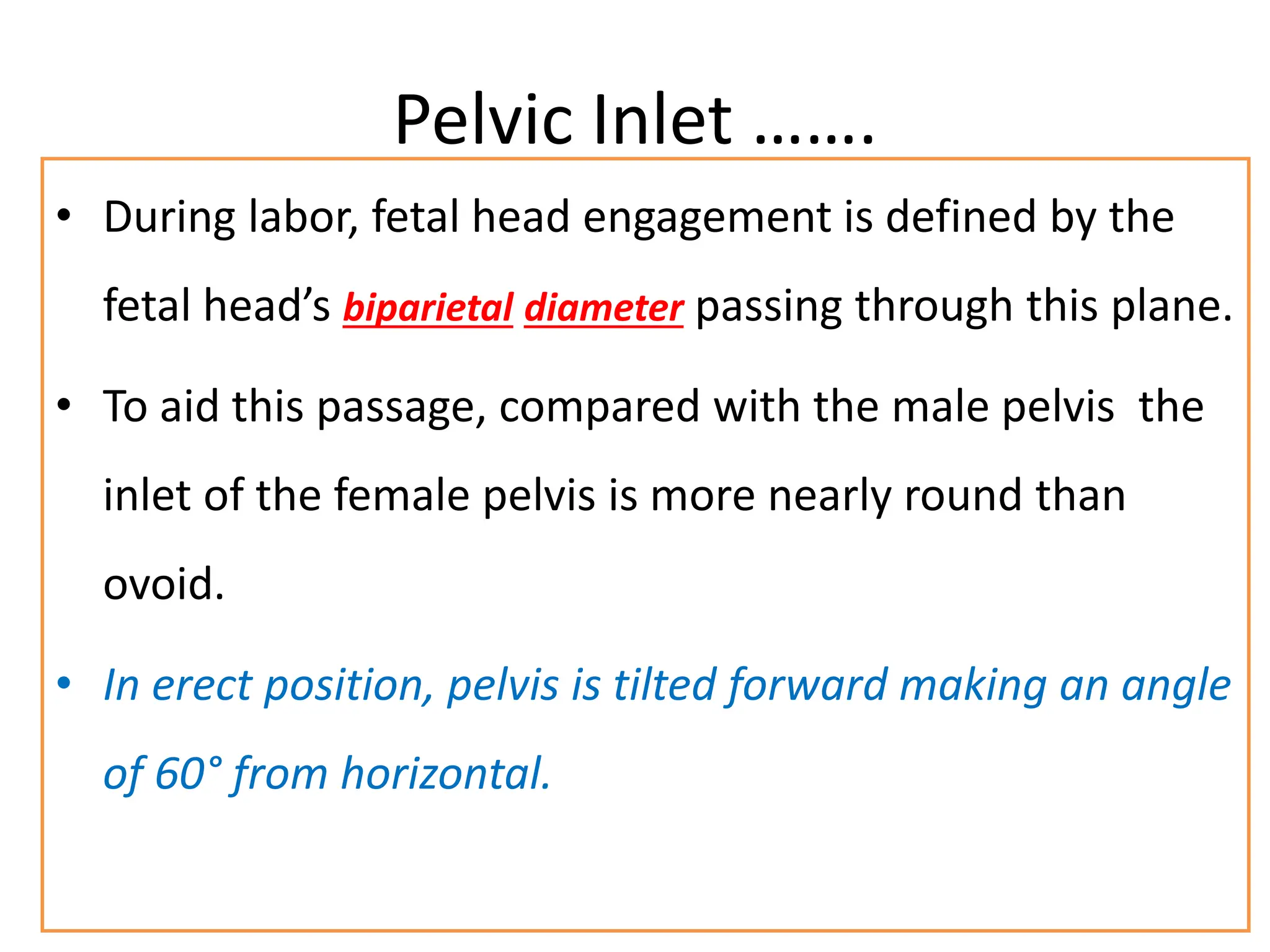 Pelvic Inlet …….
• During labor, fetal head engagement is defined by the
fetal head’s biparietal diameter passing through this plane.
• To aid this passage, compared with the male pelvis the
inlet of the female pelvis is more nearly round than
ovoid.
• In erect position, pelvis is tilted forward making an angle
of 60° from horizontal.
 