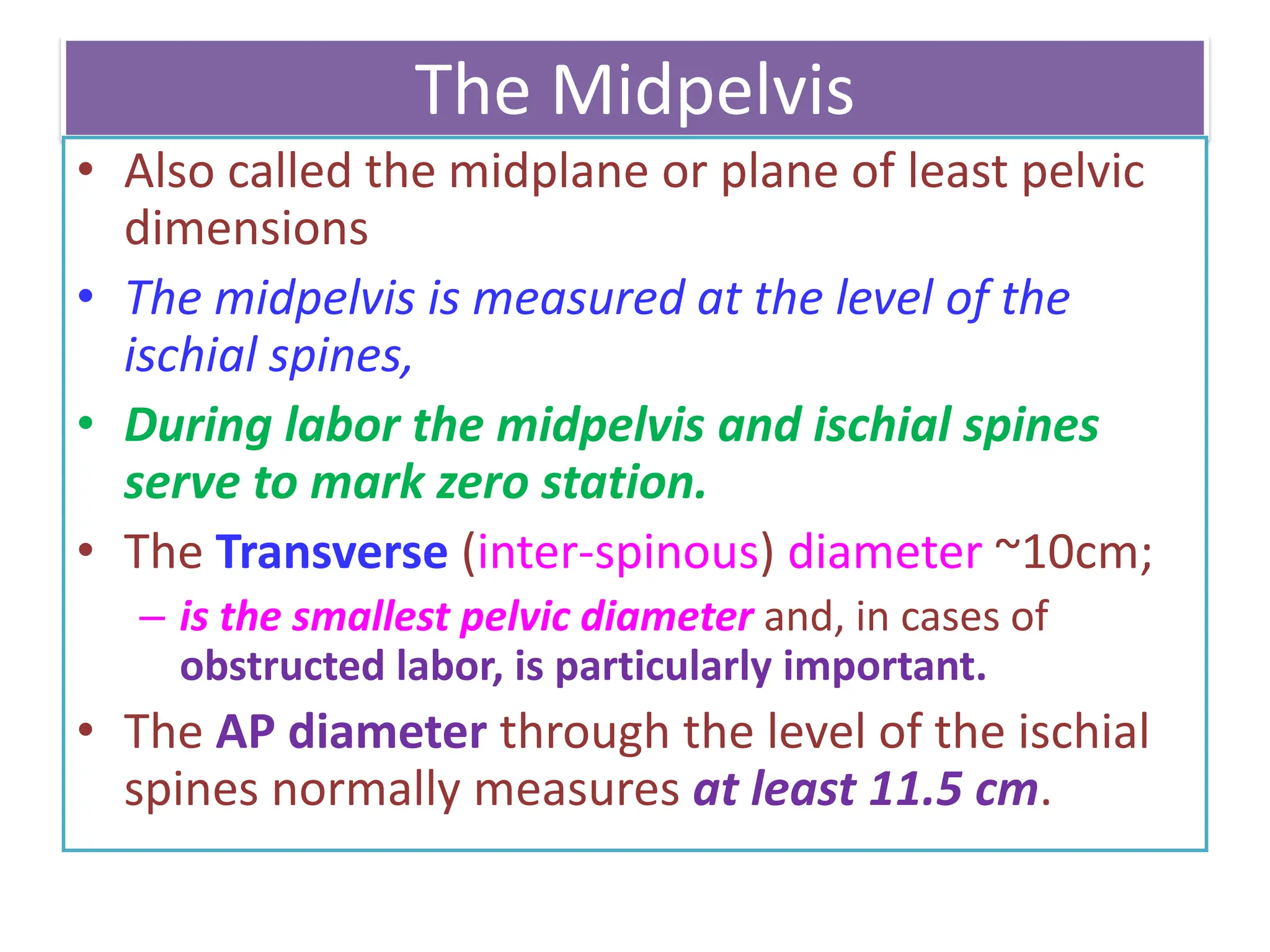 The Midpelvis
• Also called the midplane or plane of least pelvic
dimensions
• The midpelvis is measured at the level of the
ischial spines,
• During labor the midpelvis and ischial spines
serve to mark zero station.
• The Transverse (inter-spinous) diameter ~10cm;
– is the smallest pelvic diameter and, in cases of
obstructed labor, is particularly important.
• The AP diameter through the level of the ischial
spines normally measures at least 11.5 cm.
 