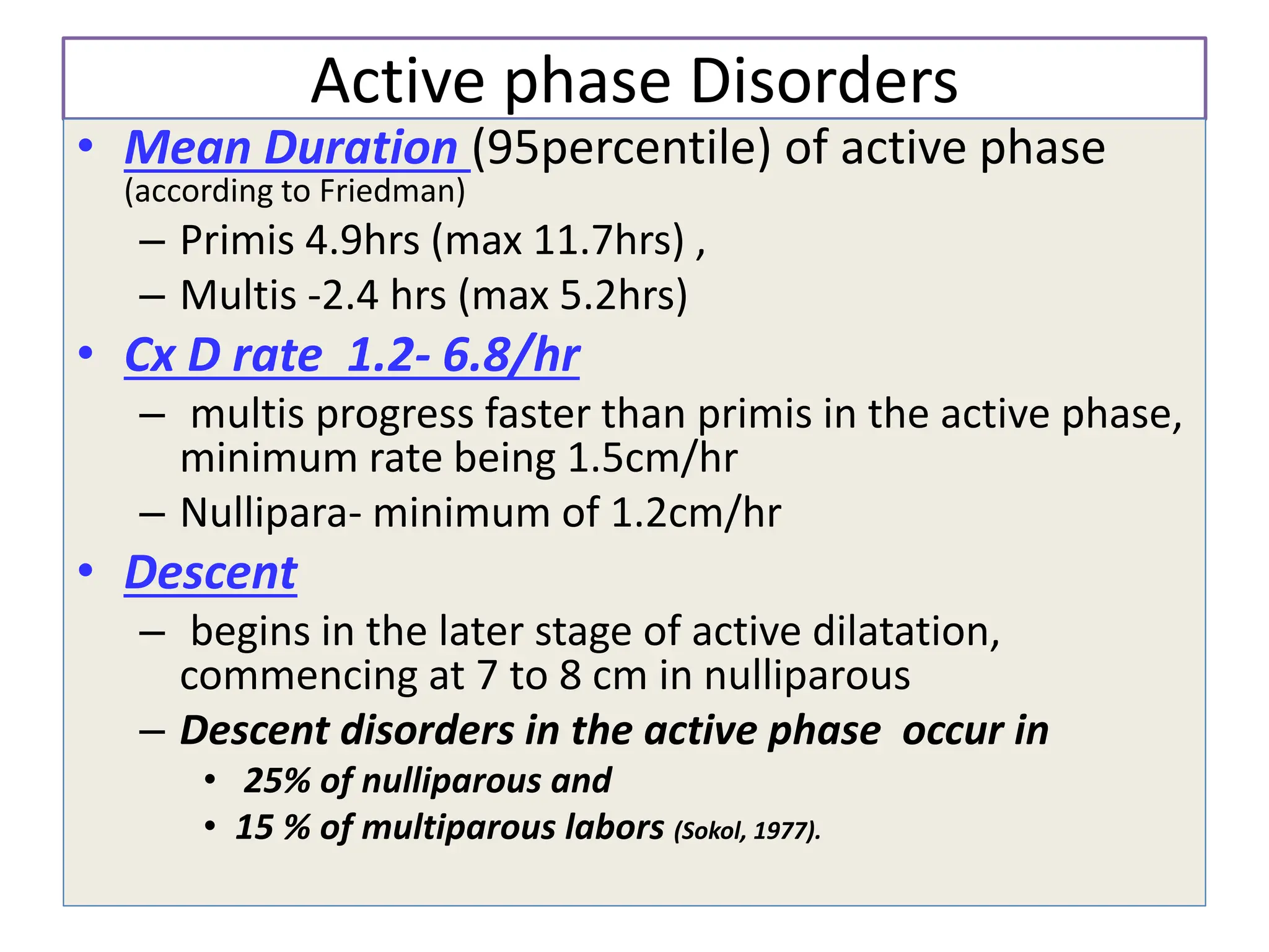 Active phase Disorders
• Mean Duration (95percentile) of active phase
(according to Friedman)
– Primis 4.9hrs (max 11.7hrs) ,
– Multis -2.4 hrs (max 5.2hrs)
• Cx D rate 1.2- 6.8/hr
– multis progress faster than primis in the active phase,
minimum rate being 1.5cm/hr
– Nullipara- minimum of 1.2cm/hr
• Descent
– begins in the later stage of active dilatation,
commencing at 7 to 8 cm in nulliparous
– Descent disorders in the active phase occur in
• 25% of nulliparous and
• 15 % of multiparous labors (Sokol, 1977).
 