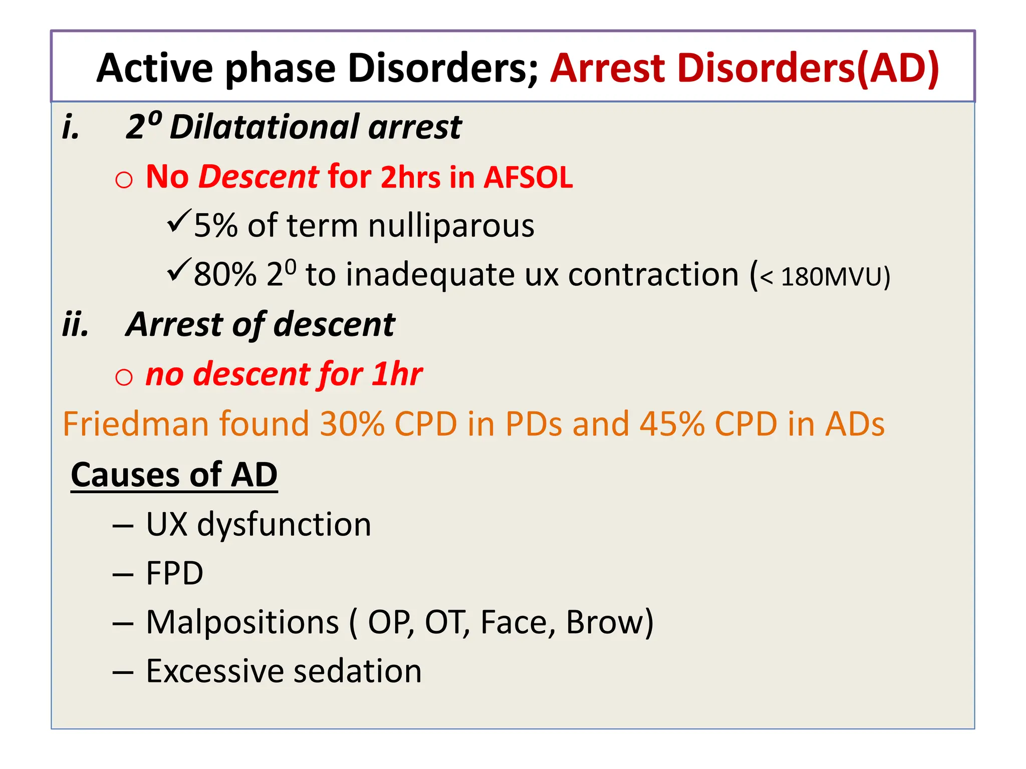 Active phase Disorders; Arrest Disorders(AD)
i. 2⁰ Dilatational arrest
o No Descent for 2hrs in AFSOL
5% of term nulliparous
80% 20 to inadequate ux contraction (< 180MVU)
ii. Arrest of descent
o no descent for 1hr
Friedman found 30% CPD in PDs and 45% CPD in ADs
Causes of AD
– UX dysfunction
– FPD
– Malpositions ( OP, OT, Face, Brow)
– Excessive sedation
 