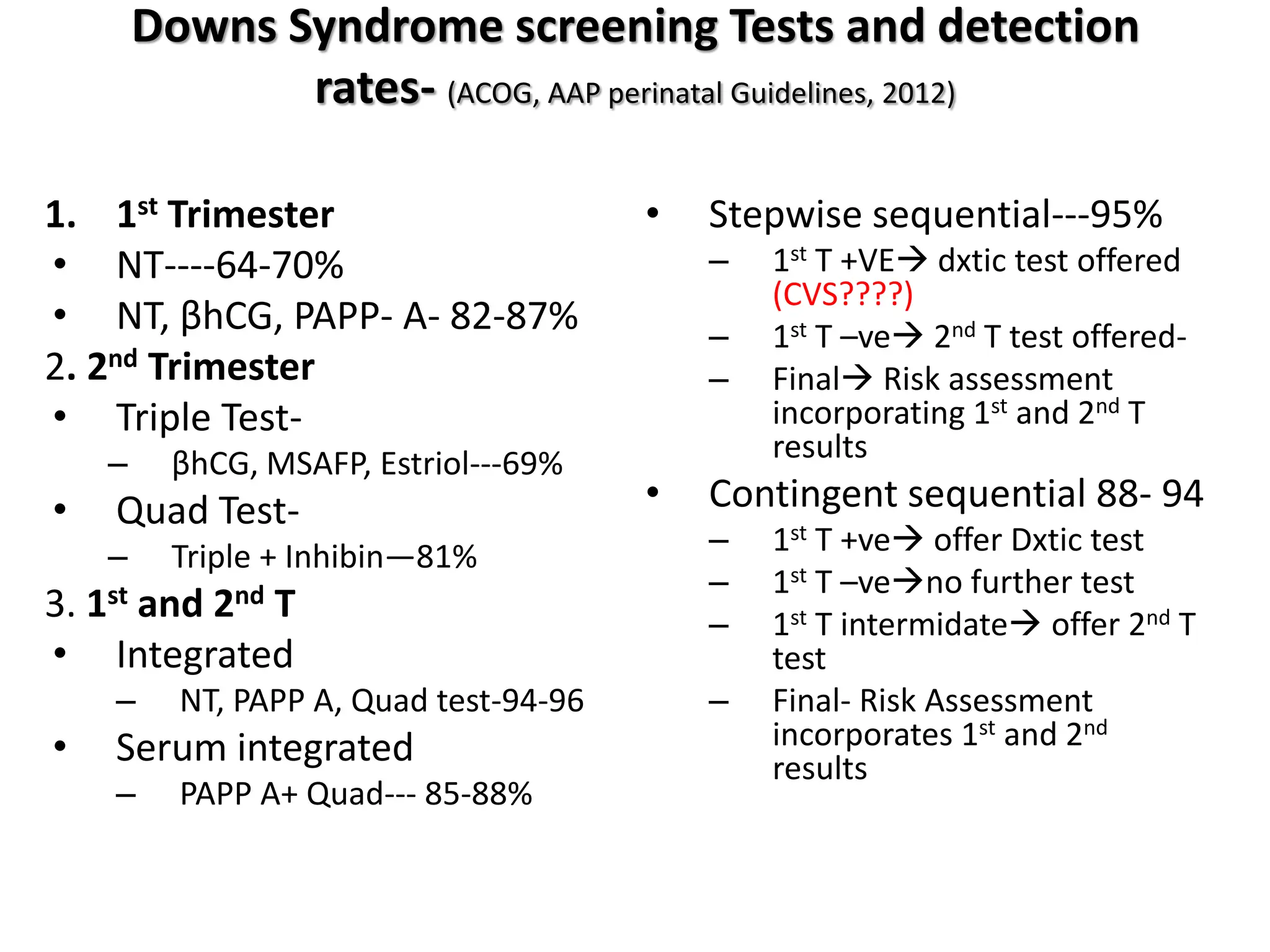 Downs Syndrome screening Tests and detection
rates- (ACOG, AAP perinatal Guidelines, 2012)
1. 1st Trimester
• NT----64-70%
• NT, βhCG, PAPP- A- 82-87%
2. 2nd Trimester
• Triple Test-
– βhCG, MSAFP, Estriol---69%
• Quad Test-
– Triple + Inhibin—81%
3. 1st and 2nd T
• Integrated
– NT, PAPP A, Quad test-94-96
• Serum integrated
– PAPP A+ Quad--- 85-88%
• Stepwise sequential---95%
– 1st T +VE dxtic test offered
(CVS????)
– 1st T –ve 2nd T test offered-
– Final Risk assessment
incorporating 1st and 2nd T
results
• Contingent sequential 88- 94
– 1st T +ve offer Dxtic test
– 1st T –veno further test
– 1st T intermidate offer 2nd T
test
– Final- Risk Assessment
incorporates 1st and 2nd
results
 
