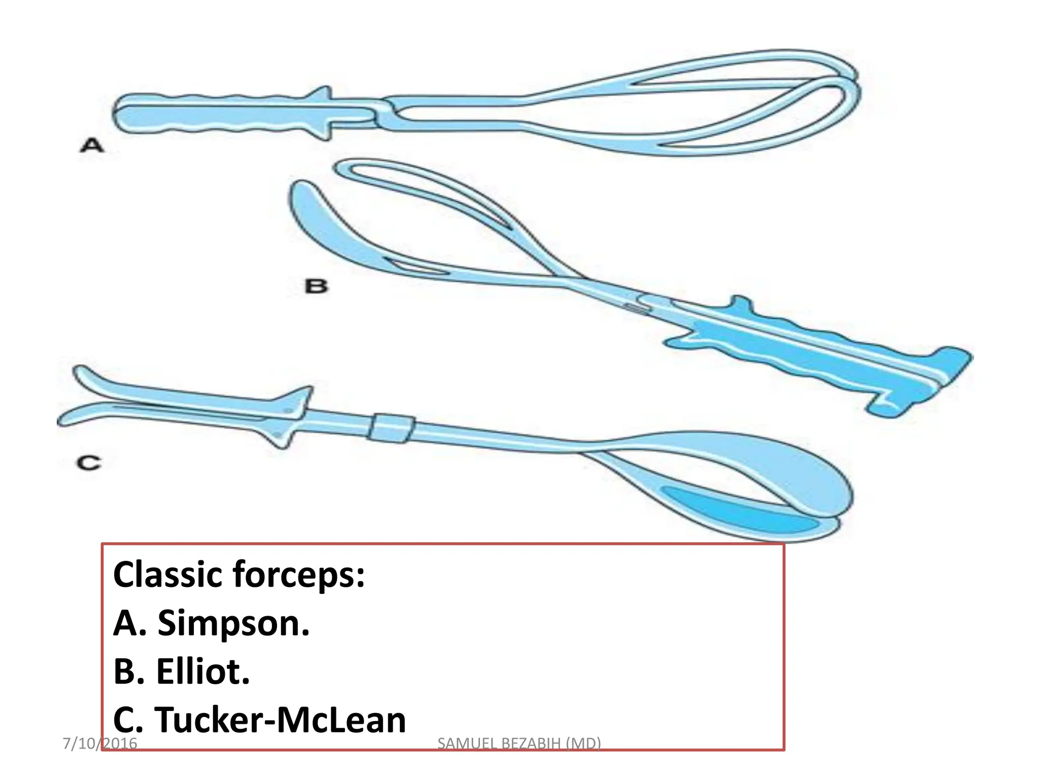 Classic forceps:
A. Simpson.
B. Elliot.
C. Tucker-McLean
7/10/2016 SAMUEL BEZABIH (MD)
 