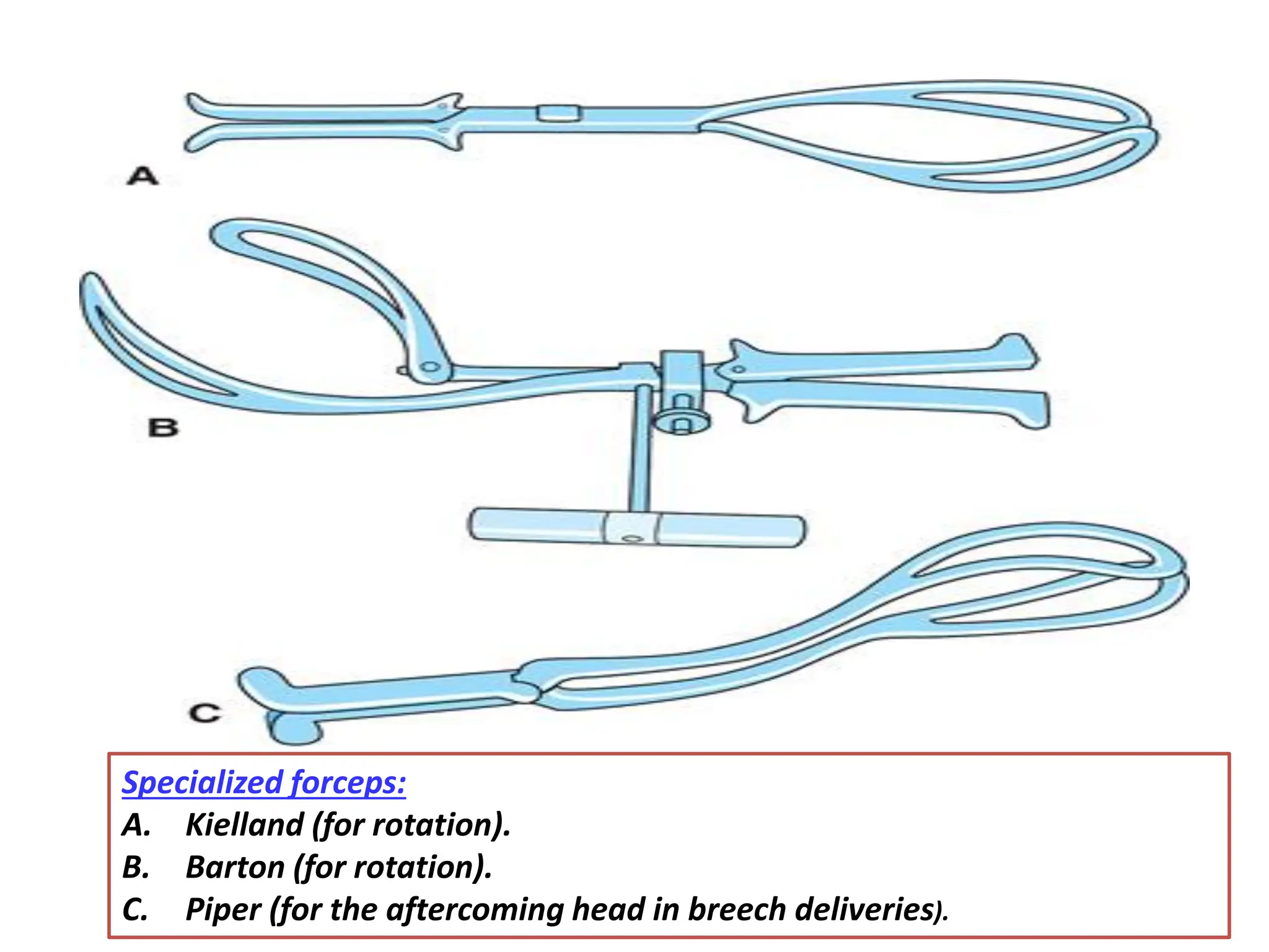 Specialized forceps:
A. Kielland (for rotation).
B. Barton (for rotation).
C. Piper (for the aftercoming head in breech deliveries).
 