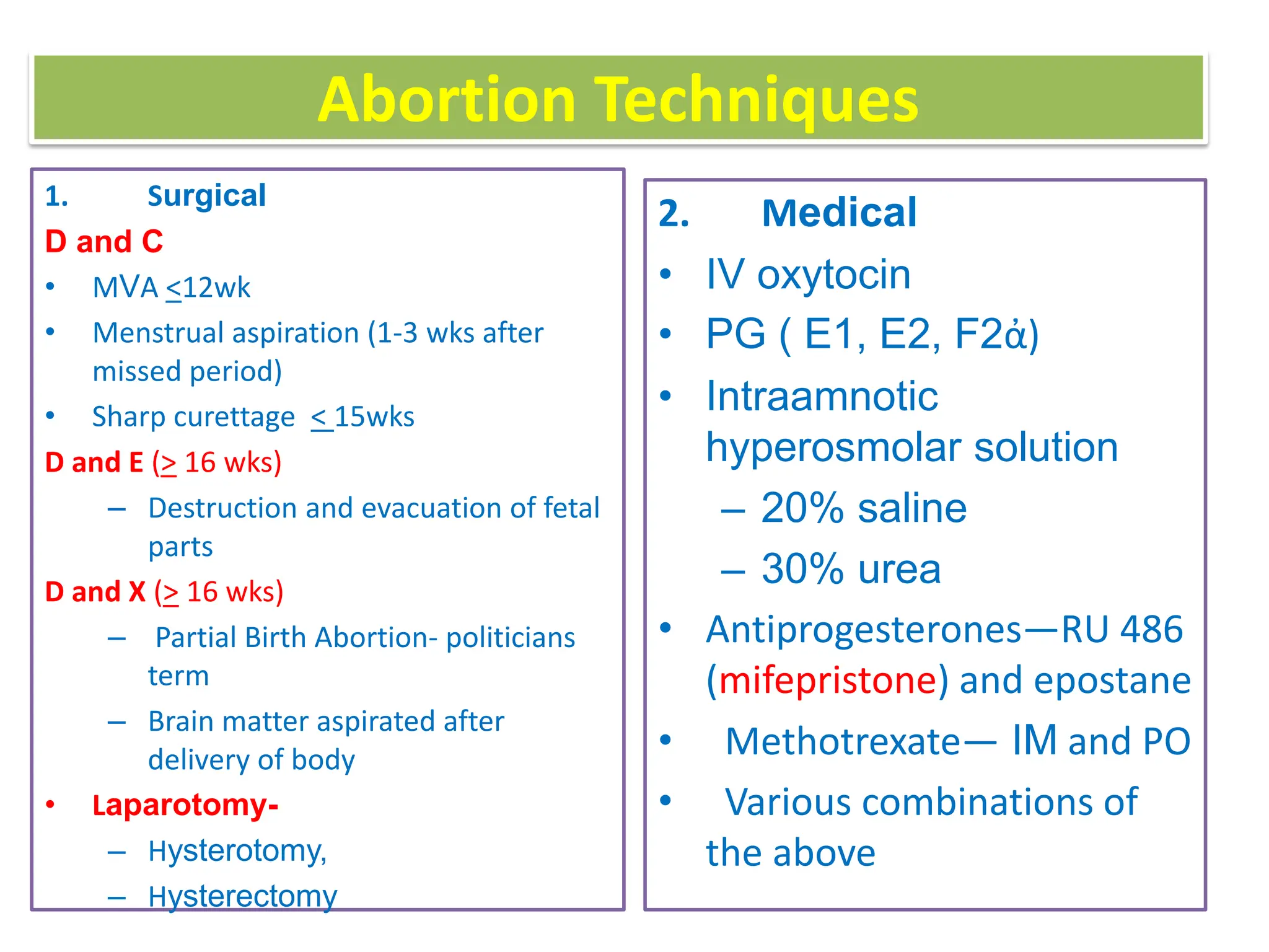 Abortion Techniques
1. Surgical
D and C
• MVA <12wk
• Menstrual aspiration (1-3 wks after
missed period)
• Sharp curettage < 15wks
D and E (> 16 wks)
– Destruction and evacuation of fetal
parts
D and X (> 16 wks)
– Partial Birth Abortion- politicians
term
– Brain matter aspirated after
delivery of body
• Laparotomy-
– Hysterotomy,
– Hysterectomy
2. Medical
• IV oxytocin
• PG ( E1, E2, F2ἀ)
• Intraamnotic
hyperosmolar solution
– 20% saline
– 30% urea
• Antiprogesterones—RU 486
(mifepristone) and epostane
• Methotrexate— IM and PO
• Various combinations of
the above
 