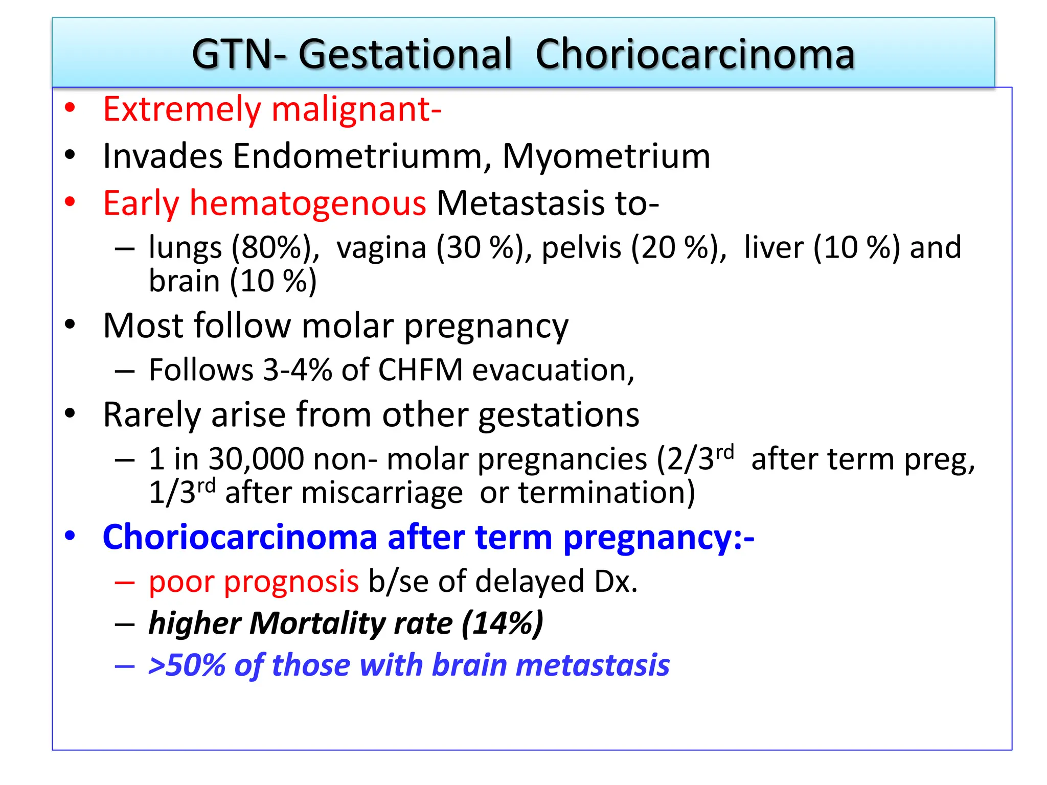 GTN- Gestational Choriocarcinoma
• Extremely malignant-
• Invades Endometriumm, Myometrium
• Early hematogenous Metastasis to-
– lungs (80%), vagina (30 %), pelvis (20 %), liver (10 %) and
brain (10 %)
• Most follow molar pregnancy
– Follows 3-4% of CHFM evacuation,
• Rarely arise from other gestations
– 1 in 30,000 non- molar pregnancies (2/3rd after term preg,
1/3rd after miscarriage or termination)
• Choriocarcinoma after term pregnancy:-
– poor prognosis b/se of delayed Dx.
– higher Mortality rate (14%)
– >50% of those with brain metastasis
 