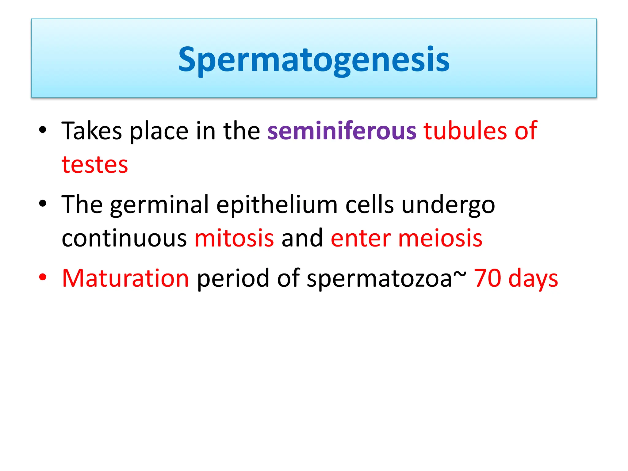 Spermatogenesis
• Takes place in the seminiferous tubules of
testes
• The germinal epithelium cells undergo
continuous mitosis and enter meiosis
• Maturation period of spermatozoa~ 70 days
 