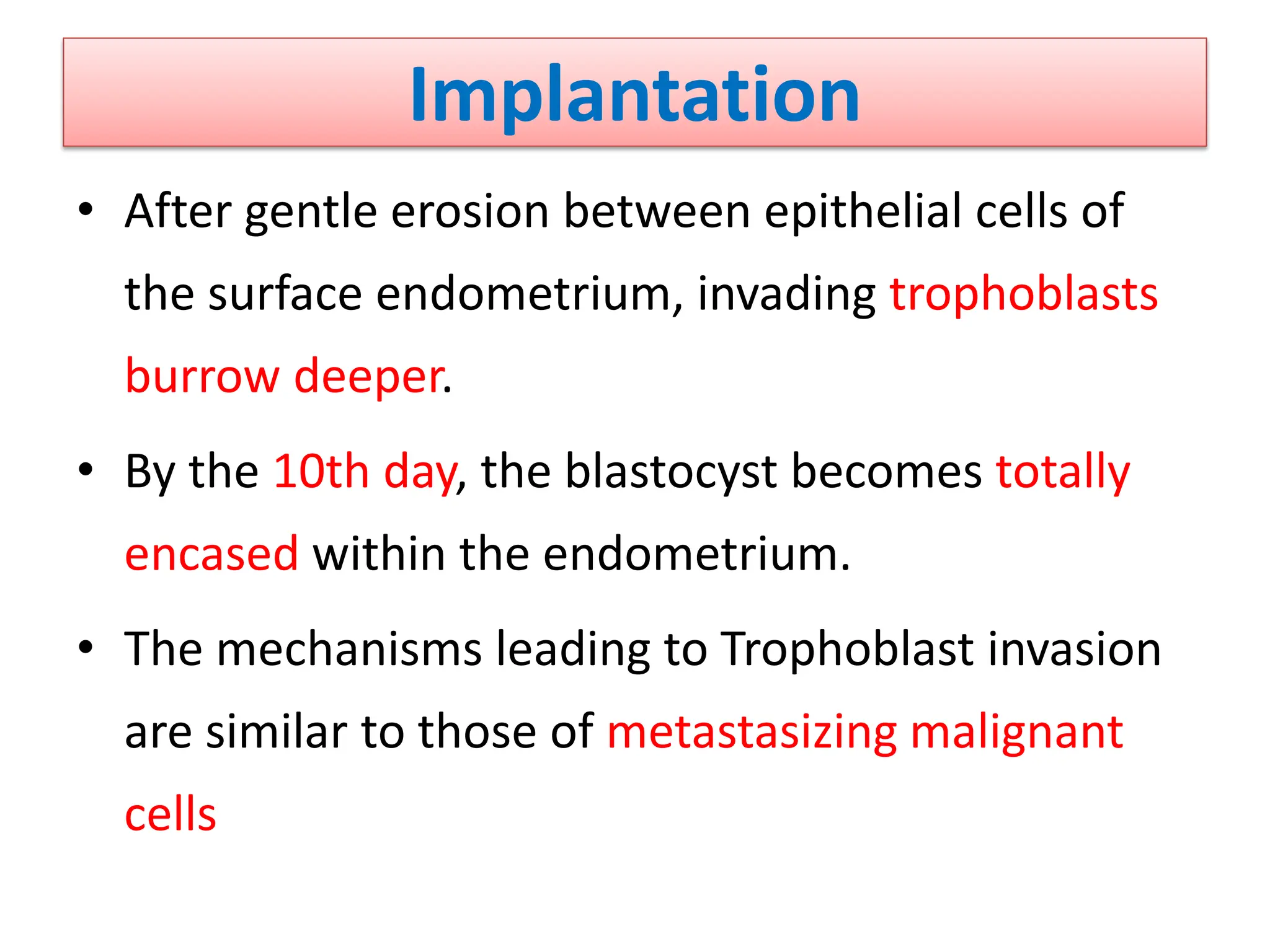 Implantation
• After gentle erosion between epithelial cells of
the surface endometrium, invading trophoblasts
burrow deeper.
• By the 10th day, the blastocyst becomes totally
encased within the endometrium.
• The mechanisms leading to Trophoblast invasion
are similar to those of metastasizing malignant
cells
 