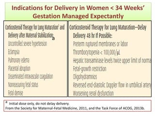 Indications for Delivery in Women < 34 Weeks’
Gestation Managed Expectantly
a Initial dose only, do not delay delivery.
From the Society for Maternal-Fetal Medicine, 2011, and the Task Force of ACOG, 2013b.
a
 