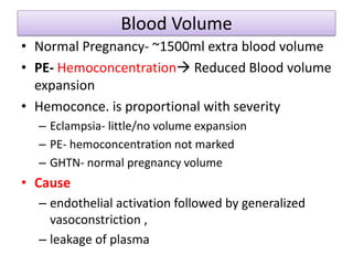 Blood Volume
• Normal Pregnancy- ~1500ml extra blood volume
• PE- Hemoconcentration Reduced Blood volume
expansion
• Hemoconce. is proportional with severity
– Eclampsia- little/no volume expansion
– PE- hemoconcentration not marked
– GHTN- normal pregnancy volume
• Cause
– endothelial activation followed by generalized
vasoconstriction ,
– leakage of plasma
 
