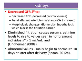 Kidneys
• Decreased GFR 20 to;
– Decreased RBF (decreased palsma volume)
– Renal afferent arterioles resistance (5x increased)
– Morphologic changes- Glomerular Endotheliosis
which blocks the filtration barrier
• Diminished filtration causes serum creatinine
levels to rise to values seen in nonpregnant
individuals~ > 1 mg/mL, and
(Lindheimer,2008a).
• Abnormal values usually begin to normalize 10
days or later after delivery (Spaan, 2012a).
 