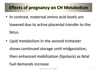Effects of pregnancy on CH Metabolism
• In contrast, maternal amino acid levels are
lowered due to active placental transfer to the
fetus.
• Lipid metabolism in the second trimester
shows continued storage until midgestation,
then enhanced mobilization (lipolysis) as fetal
fuel demands increase
11
By Dr Samuel,Gynecologist
 