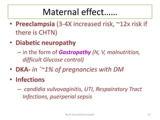 Maternal effect……
• Preeclampsia (3-4X increased risk, ~12x risk if
there is CHTN)
• Diabetic neuropathy
– in the form of Gastropathy (N, V, malnutrition,
difficult Glucose control)
• DKA- in `~1% of pregnancies with DM
• Infections
– candidia vulvovaginitis, UTI, Respairatory Tract
Infections, puerperial sepsis
23
By Dr Samuel,Gynecologist
 