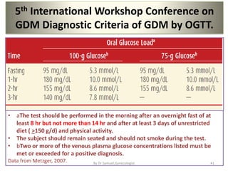 5th International Workshop Conference on
GDM Diagnostic Criteria of GDM by OGTT.
• aThe test should be performed in the morning after an overnight fast of at
least 8 hr but not more than 14 hr and after at least 3 days of unrestricted
diet ( >150 g/d) and physical activity.
• The subject should remain seated and should not smoke during the test.
• bTwo or more of the venous plasma glucose concentrations listed must be
met or exceeded for a positive diagnosis.
Data from Metzger, 2007. 41
By Dr Samuel,Gynecologist
 