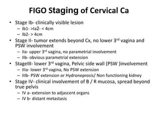 FIGO Staging of Cervical Ca
• Stage Ib- clinically visible lesion
– Ib1- >Ia2- < 4cm
– Ib2- > 4cm
• Stage II- tumor extends beyond Cx, no lower 3rd vagina and
PSW involvement
– IIa- upper 3rd vagina, no parametrial involvement
– IIb- obvious parametrial extension
• StageIII- lower 3rd vagina, Pelvic side wall (PSW )involvement
– IIIa- lower 3rd vagina, No PSW extension
– IIIb- PSW extension or Hydroneprosis/ Non functioning kidney
• Stage IV- clinical involvement of B / R mucosa, spread beyond
true pelvis
– IV a- extension to adjascent organs
– IV b- distant metastasis
 