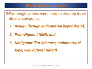 EIN Schema - ACOG 2015
Pathologic criteria were used to develop three
disease categories:
1. Benign (benign endometrial hyperplasia),
2. Premalignant (EIN), and
3. Malignant (Em Adenoca, endometrioid
type, well differentiated)
SAMUEL BEZABIH(MD)- MMeskrem 2005 8
 