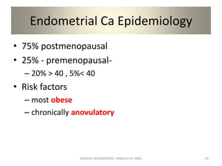 Endometrial Ca Epidemiology
• 75% postmenopausal
• 25% - premenopausal-
– 20% > 40 , 5%< 40
• Risk factors
– most obese
– chronically anovulatory
SAMUEL BEZABIH(MD)- MMeskrem 2005 20
 