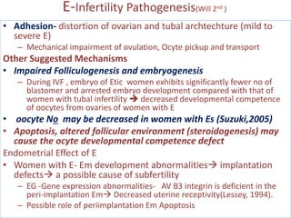 E-Infertility Pathogenesis(Will 2nd )
• Adhesion- distortion of ovarian and tubal archtechture (mild to
severe E)
– Mechanical impairment of ovulation, Ocyte pickup and transport
Other Suggested Mechanisms
• Impaired Folliculogenesis and embryogenesis
– During IVF , embryo of Etic women exhibits significantly fewer no of
blastomer and arrested embryo development compared with that of
women with tubal infertility  decreased developmental competence
of oocytes from ovaries of women with E
• oocyte No may be decreased in women with Es (Suzuki,2005)
• Apoptosis, altered follicular environment (steroidogenesis) may
cause the ocyte developmental competence defect
Endometrial Effect of E
• Women with E- Em development abnormalities implantation
defects a possible cause of subfertility
– EG -Gene expression abnormalities- AV B3 integrin is deficient in the
peri-implantation Em Decreased uterine receptivity(Lessey, 1994).
– Possible role of periimplantation Em Apoptosis
 