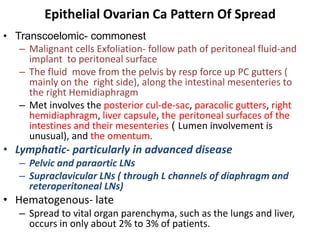 Epithelial Ovarian Ca Pattern Of Spread
• Transcoelomic- commonest
– Malignant cells Exfoliation- follow path of peritoneal fluid-and
implant to peritoneal surface
– The fluid move from the pelvis by resp force up PC gutters (
mainly on the right side), along the intestinal mesenteries to
the right Hemidiaphragm
– Met involves the posterior cul-de-sac, paracolic gutters, right
hemidiaphragm, liver capsule, the peritoneal surfaces of the
intestines and their mesenteries ( Lumen involvement is
unusual), and the omentum.
• Lymphatic- particularly in advanced disease
– Pelvic and paraortic LNs
– Supraclavicular LNs ( through L channels of diaphragm and
reteroperitoneal LNs)
• Hematogenous- late
– Spread to vital organ parenchyma, such as the lungs and liver,
occurs in only about 2% to 3% of patients.
 
