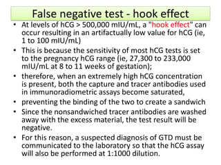 False negative test - hook effect
• At levels of hCG > 500,000 mIU/mL, a "hook effect" can
occur resulting in an artifactually low value for hCG (ie,
1 to 100 mIU/mL)
• This is because the sensitivity of most hCG tests is set
to the pregnancy hCG range (ie, 27,300 to 233,000
mIU/mL at 8 to 11 weeks of gestation);
• therefore, when an extremely high hCG concentration
is present, both the capture and tracer antibodies used
in immunoradiometric assays become saturated,
• preventing the binding of the two to create a sandwich
• Since the nonsandwiched tracer antibodies are washed
away with the excess material, the test result will be
negative.
• For this reason, a suspected diagnosis of GTD must be
communicated to the laboratory so that the hCG assay
will also be performed at 1:1000 dilution.
 