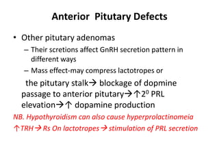 Anterior Pitutary Defects
• Other pitutary adenomas
– Their scretions affect GnRH secretion pattern in
different ways
– Mass effect-may compress lactotropes or
the pitutary stalk blockage of dopmine
passage to anterior pitutary↑20 PRL
elevation↑ dopamine production
NB. Hypothyroidism can also cause hyperprolactinomeia
↑TRH Rs On lactotropes stimulation of PRL secretion
 