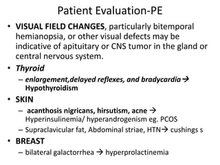 Patient Evaluation-PE
• VISUAL FIELD CHANGES, particularly bitemporal
hemianopsia, or other visual defects may be
indicative of apituitary or CNS tumor in the gland or
central nervous system.
• Thyroid
– enlargement,delayed reflexes, and bradycardia
Hypothyroidism
• SKIN
– acanthosis nigricans, hirsutism, acne 
Hyperinsulinemia/ hyperandrogenism eg. PCOS
– Supraclavicular fat, Abdominal striae, HTN cushings s
• BREAST
– bilateral galactorrhea  hyperprolactinemia
 