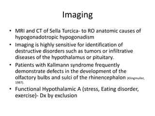 Imaging
• MRI and CT of Sella Turcica- to RO anatomic causes of
hypogonadotropic hypogonadism
• Imaging is highly sensitive for identification of
destructive disorders such as tumors or infiltrative
diseases of the hypothalamus or pituitary.
• Patients with Kallmann syndrome frequently
demonstrate defects in the development of the
olfactory bulbs and sulci of the rhinencephalon (Klingmuller,
1987).
• Functional Hypothalamic A (stress, Eating disorder,
exercise)- Dx by exclusion
 