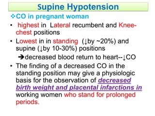 Supine Hypotension
CO in pregnant woman
• highest in Lateral recumbent and Knee-
chest positions
• Lowest in in standing (↓by ~20%) and
supine (↓by 10-30%) positions
decreased blood return to heart--↓CO
• The finding of a decreased CO in the
standing position may give a physiologic
basis for the observation of decreased
birth weight and placental infarctions in
working women who stand for prolonged
periods.
 