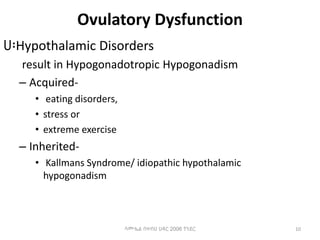 Ovulatory Dysfunction
ሀ፡Hypothalamic Disorders
result in Hypogonadotropic Hypogonadism
– Acquired-
• eating disorders,
• stress or
• extreme exercise
– Inherited-
• Kallmans Syndrome/ idiopathic hypothalamic
hypogonadism
10
ሳሙኤል በዛብህ ህዳር 2006 ጎንደር
 