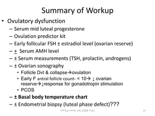 Summary of Workup
• Ovulatory dysfunction
– Serum mid luteal progesterone
– Ovulation predictor kit
– Early follicular FSH ± estradiol level (ovarian reserve)
– + Serum AMH level
– ± Serum measurements (TSH, prolactin, androgens)
– ± Ovarian sonography
• Follicle Dvt & collapseovulation
• Early F antral follicle count- < 10 ↓ ovarian
reserve↓response for gonadotropin stimulation
• PCOS
– ± Basal body temperature chart
– ± Endometrial biopsy (luteal phase defect)???
37
ሳሙኤል በዛብህ ህዳር 2006 ጎንደር
 