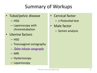 Summary of Workups
• Tubal/pelvic disease
– HSG
– Laparoscopy with
chromotubation
• Uterine factors
– HSG
– Transvaginal sonography
– Saline-infusion sonography
– MRI
– Hysteroscopy
– Laparoscopy
• Cervical factor
– ± Postcoital test
• Male factor
– Semen analysis
39
ሳሙኤል በዛብህ ህዳር 2006 ጎንደር
 