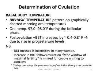Determination of Ovulation
BASAL BODY TEMPRATURE
• BIPHASIC TEMPERATURE pattern on graphically
charted morning oral tempratures
• Oral temp. 97.0- 98.0°F during the follicular
phase.
• Postovulation –BBT increases by ~ 0.4-0.8° F 
due to rise in progesterone levels
NB
– BBT method is insensitive in many women.
– Increase in BBT follows ovulation the window of
maximal fertility* is missed for couple wishing to
concieve
* 05 days preceding the presumed day of ovulation through the ovulation
day 41
ሳሙኤል በዛብህ ህዳር 2006 ጎንደር
 