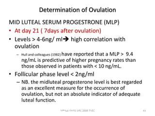 Determination of Ovulation
MID LUTEAL SERUM PROGESTRONE (MLP)
• At day 21 ( 7days after ovulation)
• Levels > 4-6ng/ ml high correlation with
ovulation
– Hull and colleagues (1982) have reported that a MLP > 9.4
ng/mL is predictive of higher pregnancy rates than
those observed in patients with < 10 ng/mL.
• Follicular phase level < 2ng/ml
– NB. the midluteal progesterone level is best regarded
as an excellent measure for the occurrence of
ovulation, but not an absolute indicator of adequate
luteal function.
43
ሳሙኤል በዛብህ ህዳር 2006 ጎንደር
 