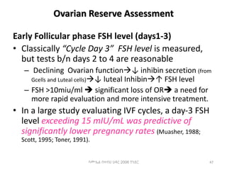Ovarian Reserve Assessment
Early Follicular phase FSH level (days1-3)
• Classically “Cycle Day 3” FSH level is measured,
but tests b/n days 2 to 4 are reasonable
– Declining Ovarian function↓ inhibin secretion (from
Gcells and Luteal cells)↓ luteal Inhibin↑ FSH level
– FSH >10miu/ml  significant loss of OR a need for
more rapid evaluation and more intensive treatment.
• In a large study evaluating IVF cycles, a day-3 FSH
level exceeding 15 mIU/mL was predictive of
significantly lower pregnancy rates (Muasher, 1988;
Scott, 1995; Toner, 1991).
47
ሳሙኤል በዛብህ ህዳር 2006 ጎንደር
 