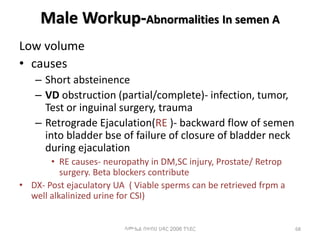 Male Workup-Abnormalities In semen A
Low volume
• causes
– Short absteinence
– VD obstruction (partial/complete)- infection, tumor,
Test or inguinal surgery, trauma
– Retrograde Ejaculation(RE )- backward flow of semen
into bladder bse of failure of closure of bladder neck
during ejaculation
• RE causes- neuropathy in DM,SC injury, Prostate/ Retrop
surgery. Beta blockers contribute
• DX- Post ejaculatory UA ( Viable sperms can be retrieved frpm a
well alkalinized urine for CSI)
ሳሙኤል በዛብህ ህዳር 2006 ጎንደር 68
 