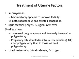 Treatment of Uterine Factors
• Leiomyomas
– Myomectomy appears to improve fertility
ie Both spontaneous and assisted conception
• Endometrial polyps- surgical removal
Studies show
– increased pregnancy rate and few early losses after
polypectomy
– Pregnancy rate doubled in intraux insemination( IUI )
after polypectomy than in those without
polypectomy
• IU adhesions- surgical release, Estrogen
82
ሳሙኤል በዛብህ ህዳር 2006 ጎንደር
 