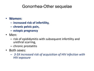 Gonorrhea-Other sequelae
• Women:
– increased risk of infertility,
– chronic pelvic pain,
– ectopic pregnancy
• Men:
– risk of epididymitis with subsequent infertility and
urethral scarring,
– chronic prostatitis
• Both sexes:
– 3-5X increased risk of acquisition of HIV infection with
HIV exposure
 