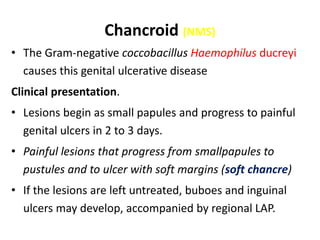 Chancroid (NMS)
• The Gram-negative coccobacillus Haemophilus ducreyi
causes this genital ulcerative disease
Clinical presentation.
• Lesions begin as small papules and progress to painful
genital ulcers in 2 to 3 days.
• Painful lesions that progress from smallpapules to
pustules and to ulcer with soft margins (soft chancre)
• If the lesions are left untreated, buboes and inguinal
ulcers may develop, accompanied by regional LAP.
 