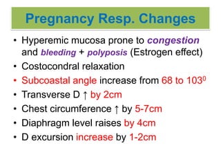 Pregnancy Resp. Changes
• Hyperemic mucosa prone to congestion
and bleeding + polyposis (Estrogen effect)
• Costocondral relaxation
• Subcoastal angle increase from 68 to 1030
• Transverse D ↑ by 2cm
• Chest circumference ↑ by 5-7cm
• Diaphragm level raises by 4cm
• D excursion increase by 1-2cm
 