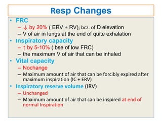 Resp Changes
• FRC
– ↓ by 20% ( ERV + RV); bcz. of D elevation
– V of air in lungs at the end of quite exhalation
• Inspiratory capacity
– ↑ by 5-10% ( bse of low FRC)
– the maximum V of air that can be inhaled
• Vital capacity
– Nochange
– Maximum amount of air that can be forcibly expired after
maximum inspiration (IC + ERV)
• Inspiratory reserve volume (IRV)
– Unchanged
– Maximum amount of air that can be inspired at end of
normal Inspiration
 