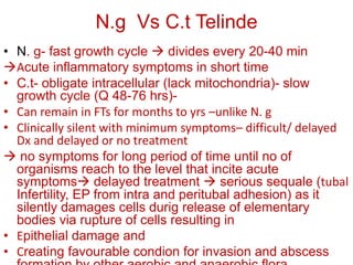 N.g Vs C.t Telinde
• N. g- fast growth cycle  divides every 20-40 min
Acute inflammatory symptoms in short time
• C.t- obligate intracellular (lack mitochondria)- slow
growth cycle (Q 48-76 hrs)-
• Can remain in FTs for months to yrs –unlike N. g
• Clinically silent with minimum symptoms– difficult/ delayed
Dx and delayed or no treatment
 no symptoms for long period of time until no of
organisms reach to the level that incite acute
symptoms delayed treatment  serious sequale (tubal
Infertility, EP from intra and peritubal adhesion) as it
silently damages cells durig release of elementary
bodies via rupture of cells resulting in
• Epithelial damage and
• Creating favourable condion for invasion and abscess
 