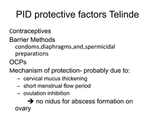 PID protective factors Telinde
Contraceptives
Barrier Methods
condoms,diaphragms,and,spermicidal
preparations
OCPs
Mechanism of protection- probably due to:
– cervical mucus thickening
– short menstrual flow period
– ovulation inhibition
 no nidus for abscess formation on
ovary
 