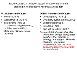 PALM–COEIN Classification System for Abnormal Uterine
Bleeding in Reproductive-Aged Women ACOG 2014
PALM: Structural Causes
• Polyp (AUB-P)
• Adenomyosis (AUB-A)
• Leiomyoma (AUB-L)
– Submucosal myoma (AUB-LSM )
– Other myoma (AUB-LO)
• Malignancy & hyperplasia
(AUB-M)
COEIN: Nonstructural Causes
• Coagulopathy (AUB-C)
• Ovulatory dysfunction (AUB-O)
• Endometrial (AUB-E)
• Iatrogenic (AUB-I)
• Not yet classified (AUB-N)
Each postulated cause of AUB is
linked with one (or more) letter
qualifiers that indicate its
etiology or etiologies. The new
classifica- tion system
recommends that the term
dysfunctional uterine bleeding
be abandoned.
 