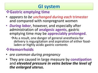 GI system
Gastric emptying time
• appears to be unchanged during each trimester
and compared with nonpregnant women
• During labor, however, and especially after
administration of analgesic agents, gastric
emptying time may be appreciably prolonged.
As a result, one danger of general anesthesia for
delivery is regurgitation and aspiration of either food-
laden or highly acidic gastric contents
Hemorrhoids
• are common during pregnancy
• They are caused in large measure by constipation
and elevated pressure in veins below the level of
the enlarged uterus.
 