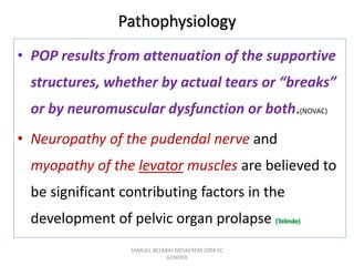 Pathophysiology
• POP results from attenuation of the supportive
structures, whether by actual tears or “breaks”
or by neuromuscular dysfunction or both.(NOVAC)
• Neuropathy of the pudendal nerve and
myopathy of the levator muscles are believed to
be significant contributing factors in the
development of pelvic organ prolapse (Telinde)
SAMUEL BEZABIH MESKEREM 2004 EC
GONDER
 