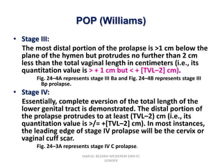 POP (Williams)
• Stage III:
The most distal portion of the prolapse is >1 cm below the
plane of the hymen but protrudes no further than 2 cm
less than the total vaginal length in centimeters (i.e., its
quantitation value is > + 1 cm but < + [TVL–2] cm).
Fig. 24–4A represents stage III Ba and Fig. 24–4B represents stage III
Bp prolapse.
• Stage IV:
Essentially, complete eversion of the total length of the
lower genital tract is demonstrated. The distal portion of
the prolapse protrudes to at least (TVL–2) cm (i.e., its
quantitation value is >/= +[TVL–2] cm). In most instances,
the leading edge of stage IV prolapse will be the cervix or
vaginal cuff scar.
Fig. 24–3A represents stage IV C prolapse.
SAMUEL BEZABIH MESKEREM 2004 EC
GONDER
 