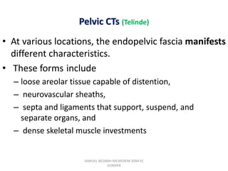 Pelvic CTs (Telinde)
• At various locations, the endopelvic fascia manifests
different characteristics.
• These forms include
– loose areolar tissue capable of distention,
– neurovascular sheaths,
– septa and ligaments that support, suspend, and
separate organs, and
– dense skeletal muscle investments
SAMUEL BEZABIH MESKEREM 2004 EC
GONDER
 
